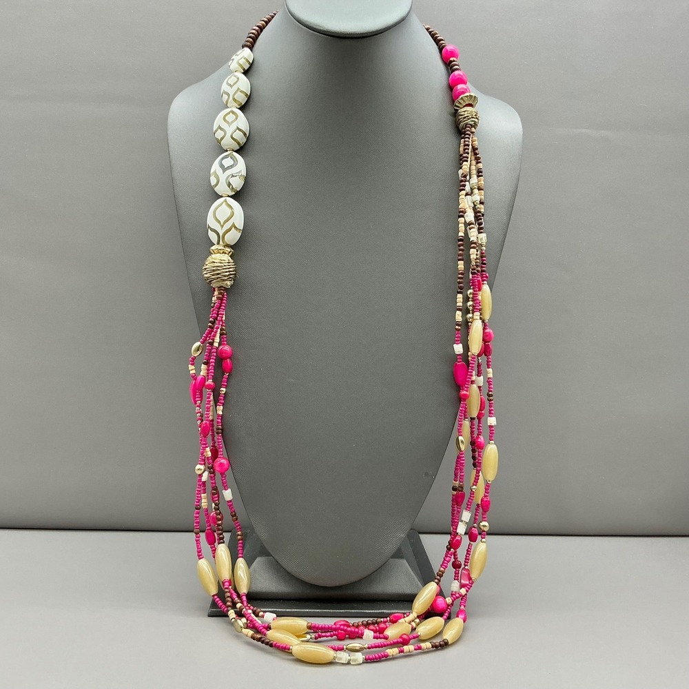Chico's Necklace Pink Brown Multi Strand Seed Bead Statement Boho Gold Tone